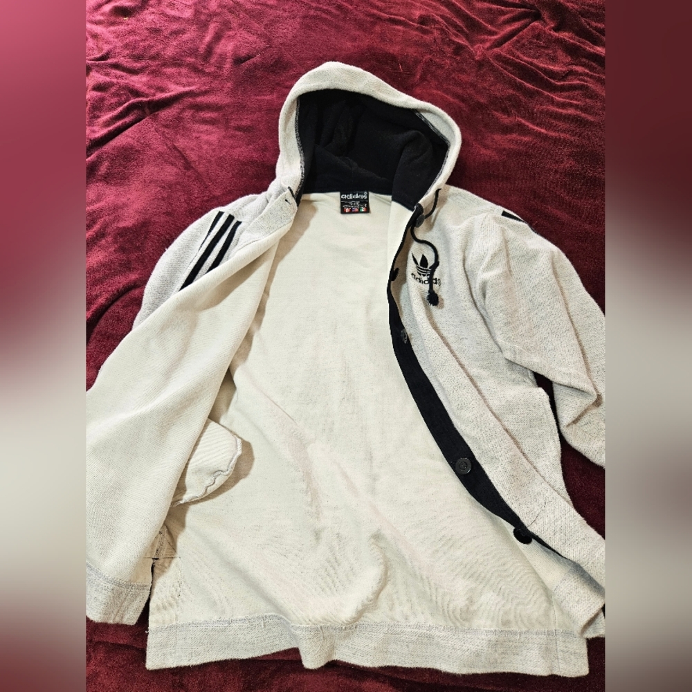 1990s Adidas Vintage Cardigan Hoodie Sweater Jacket Gray Button Up Mens M *Flaw - Picture 8 of 13